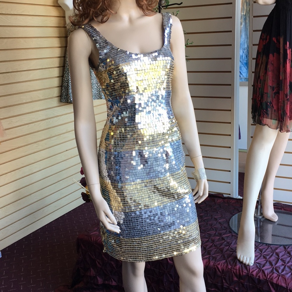 Sequence silver and gold short dress.